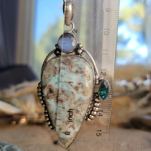 Larimar Blue Topaz Pendant Sterling Silver, Handmade Ocean-Inspired Jewelry - Picture 2 of 10